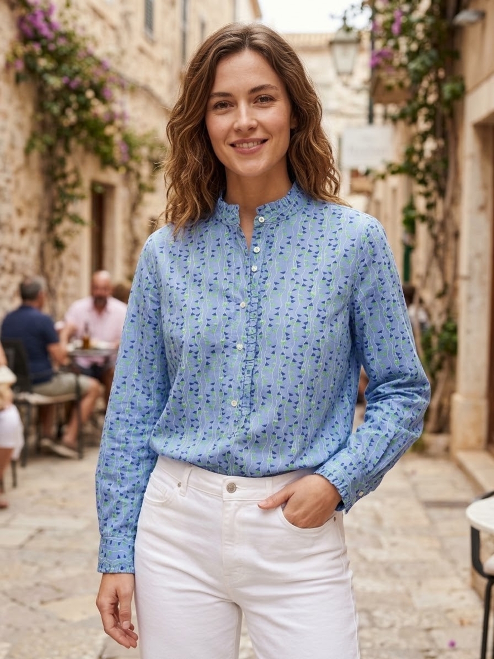 Talbots Light Blue Floral Ruffle-Trim Button-Down Shirt